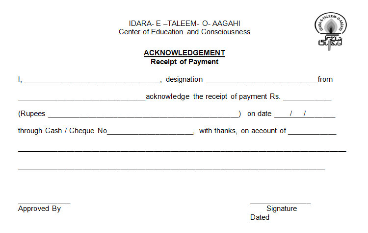 ACKNOWLEDGEMENT OF Payment Receipt