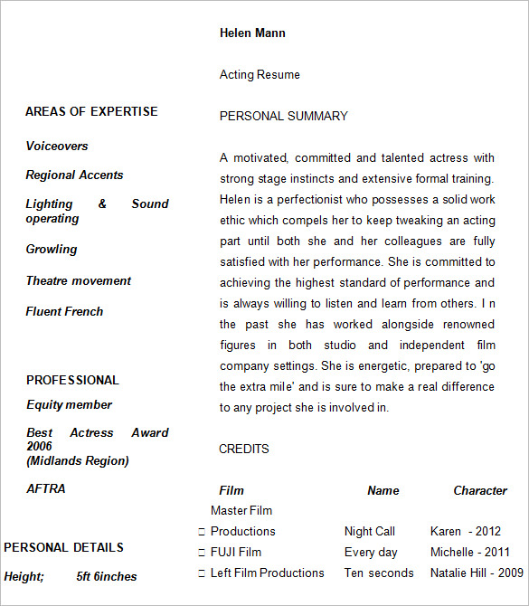 Acting Resume Template Example