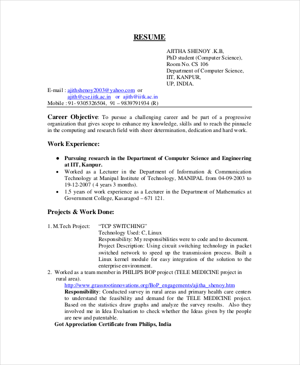 B.SC Computer Science Fresher Resume