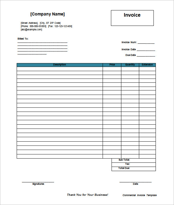 Blank Commercial Invoice Template in Word Doc