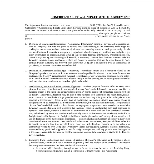 Business Confidencial Non Compete Agreement