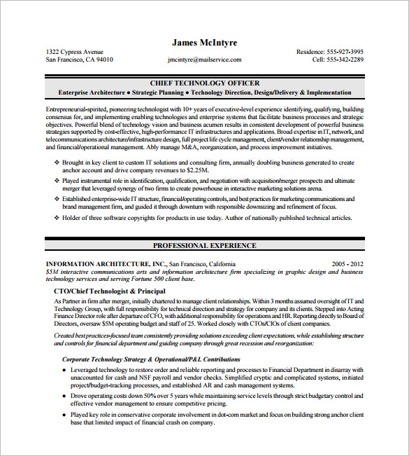 Chief Technology Officer Executive Resume