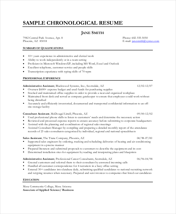 Chronological Resume Sample templates