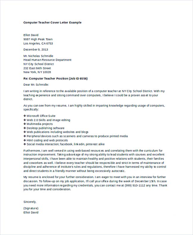 Computer Teacher Cover Letter Example