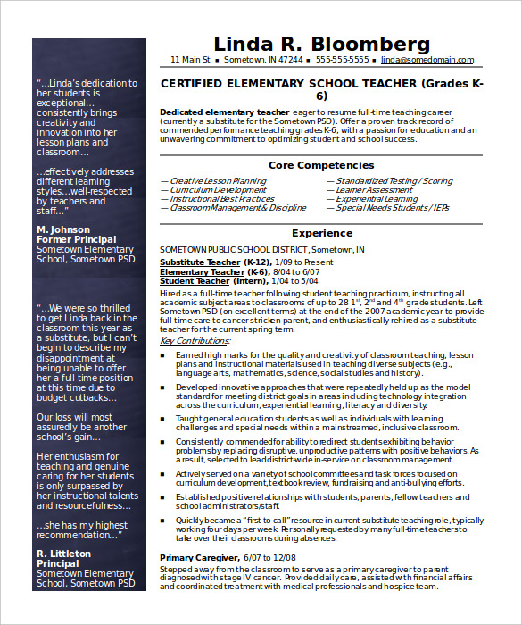 Elementary School Teacher Resume Template Word Doc Download