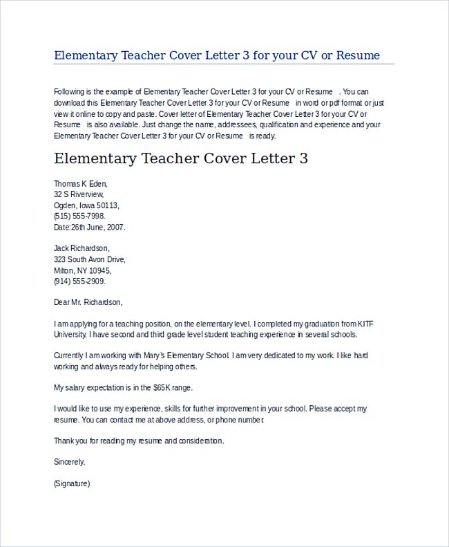 Elementary Teacher Cover Letter Example