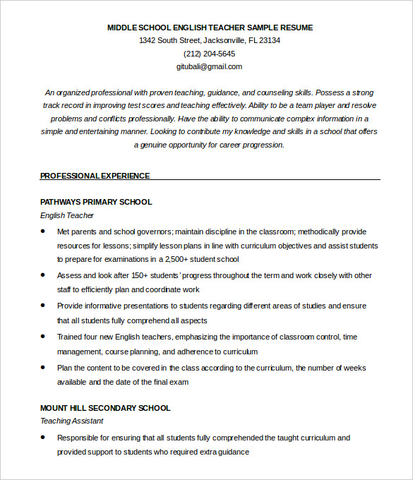 English Teacher Resume Template Eord Format Download