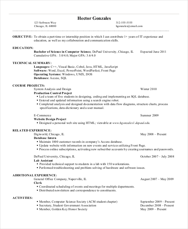 Entry Level Computer Science Resume in