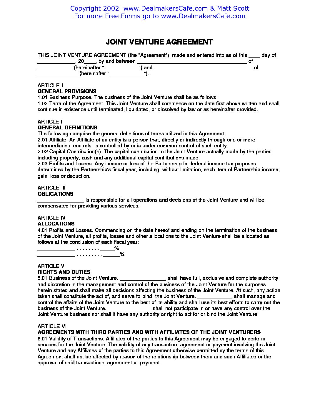 sample of joint venture agreement