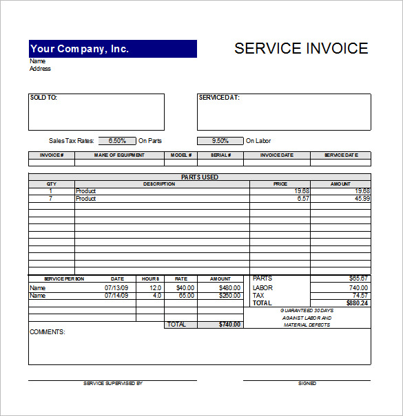 Excel Service Invoice Template