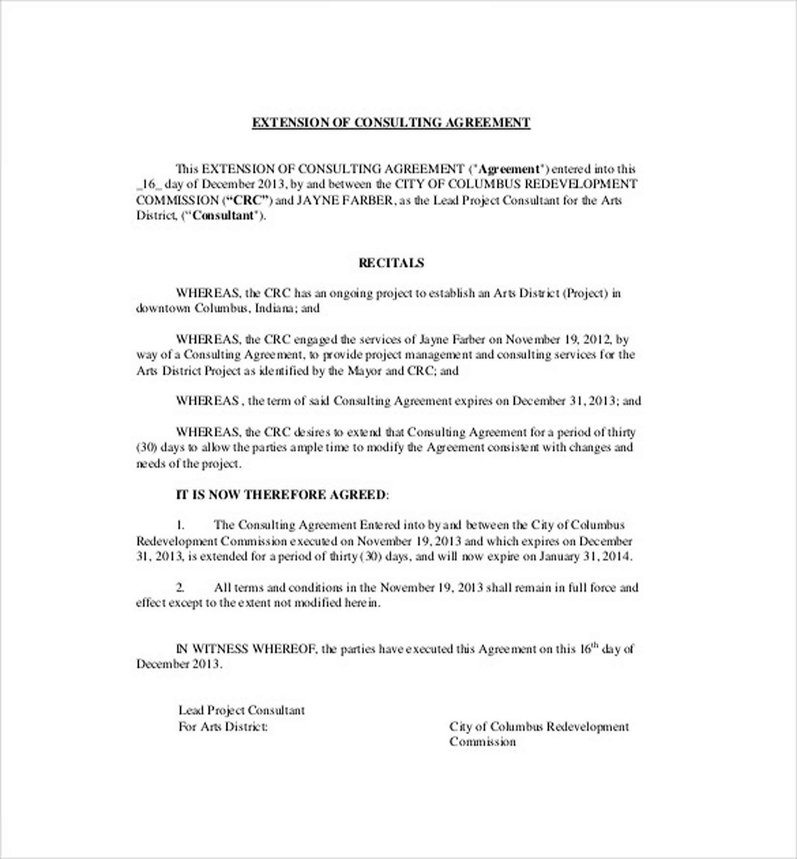Extension Of Consulting Agreement