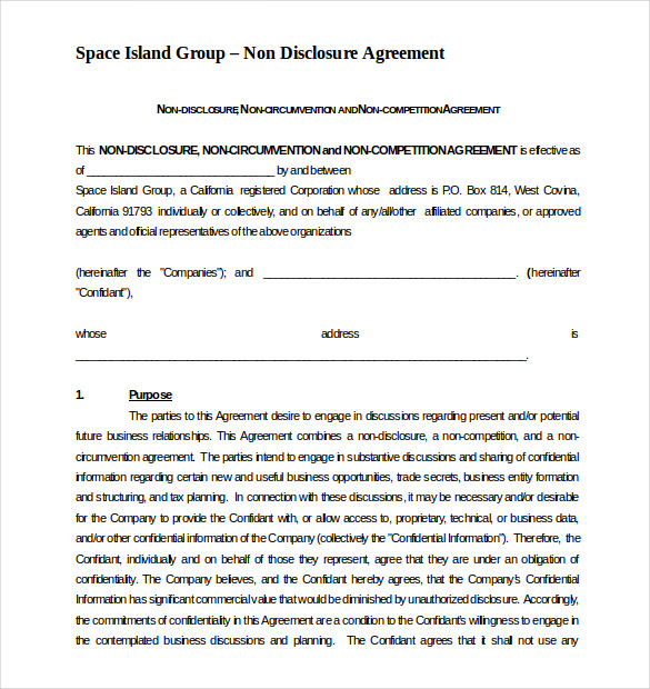 Free Non Compete Non Disclousre Agreement Template Word