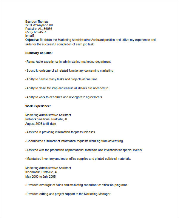 Marketing Administrative Assistant Resume