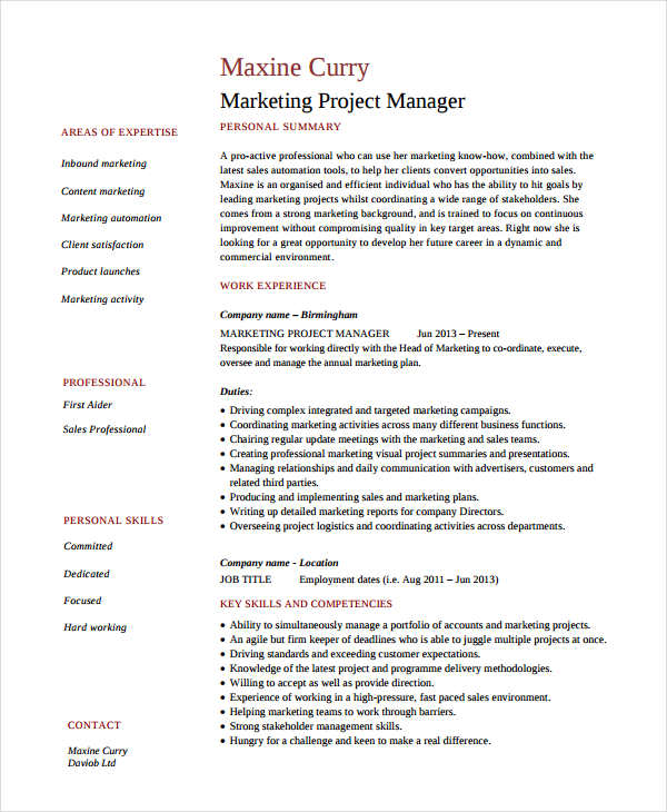 Marketing Project Manager Resume