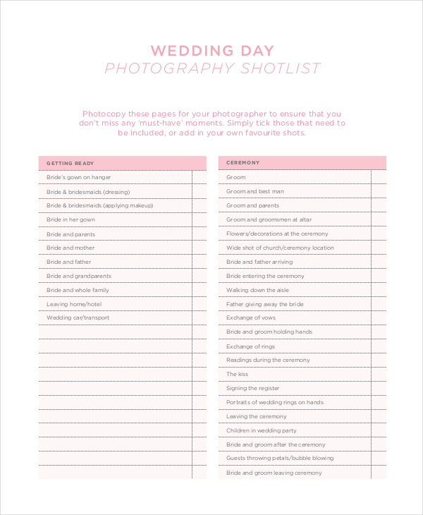 Photography Shot List Template In