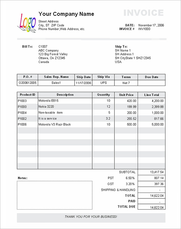 Product Service Invoice Template Format Example