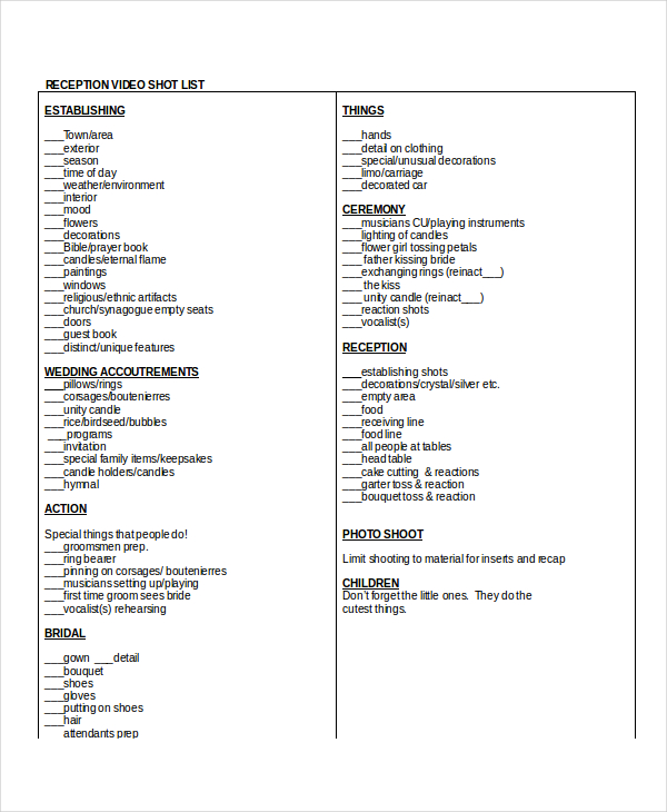Reception Shot List Template In Word