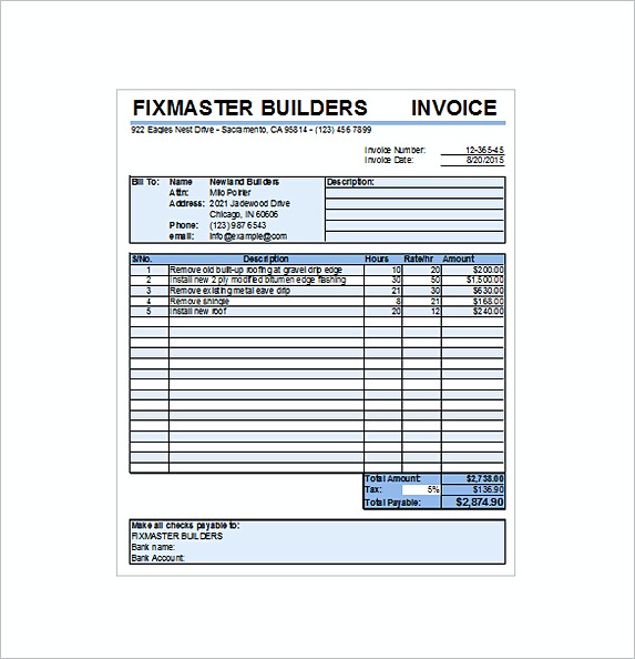 Roofing Contract Receipt Excel Free