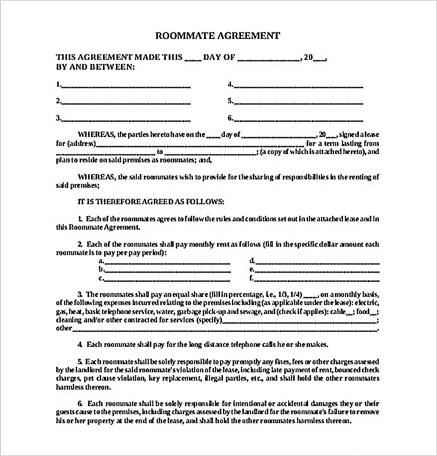 Roommate Contract agreement form