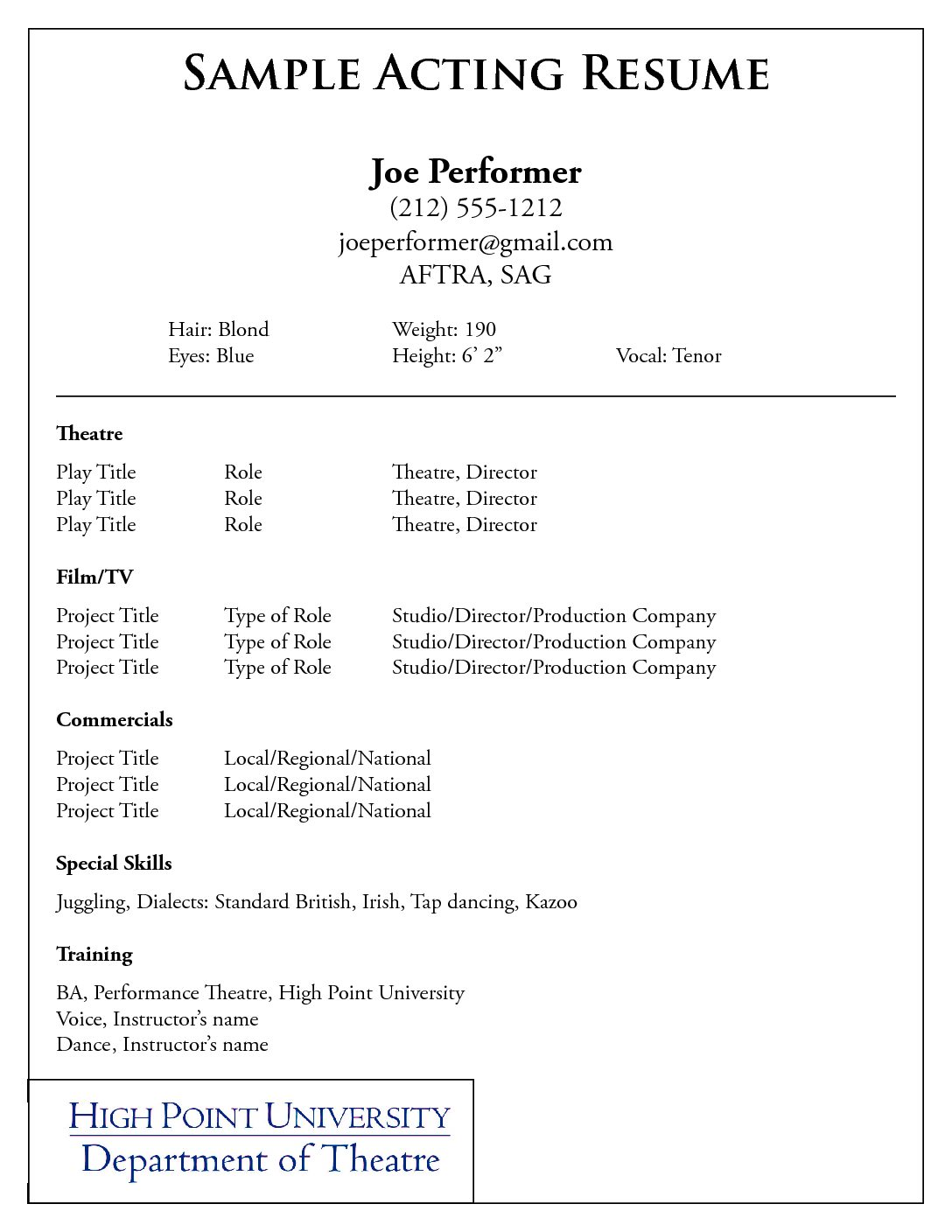 free acting resume template word document