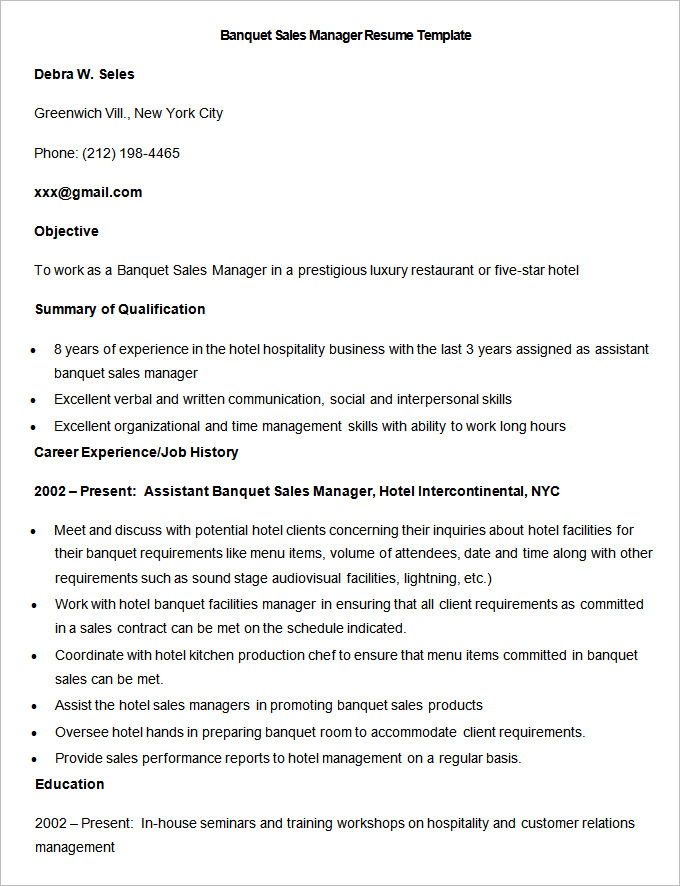 Sample Banquet Sales Manager Resume Template