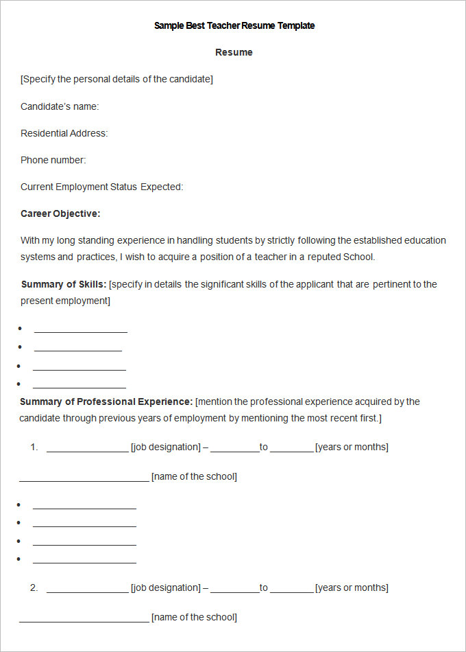 Sample Best Teacher Resume Template