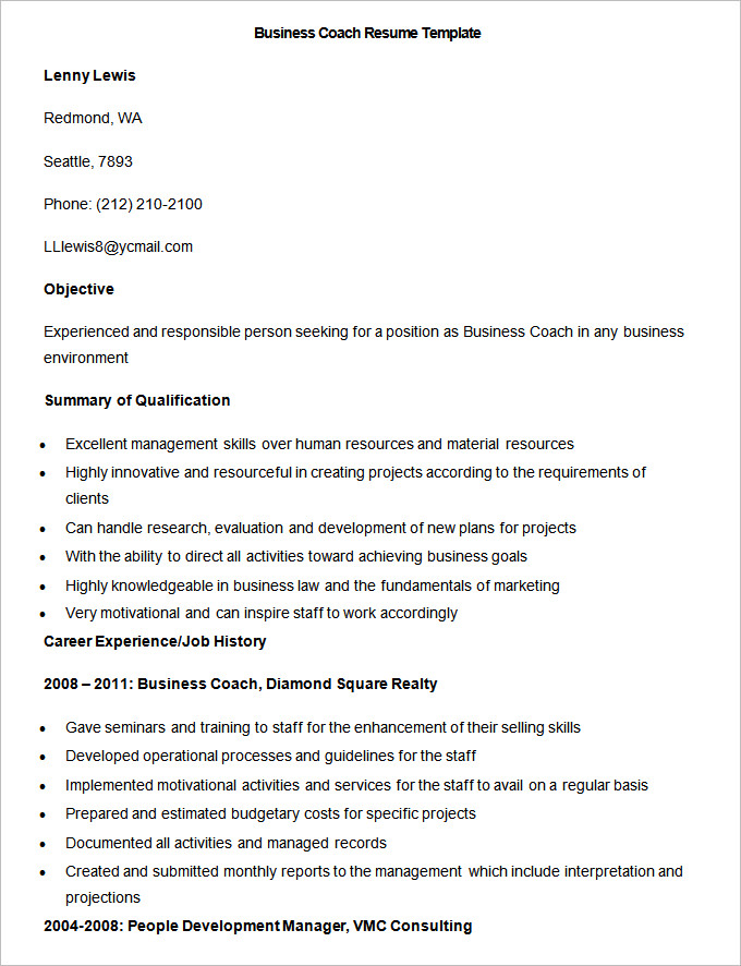 Sample Business Coach Resume Template