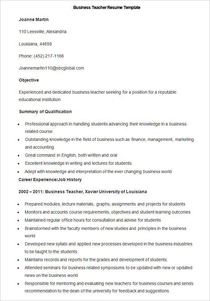 Sample Business Teacher Resume Template