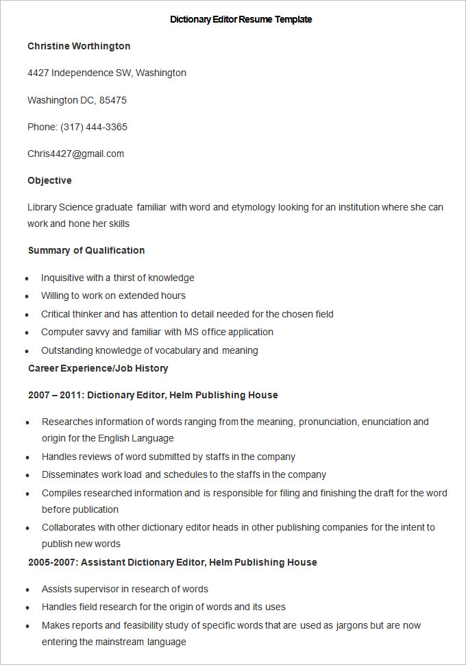 Sample Dictionary Editor Resume Template