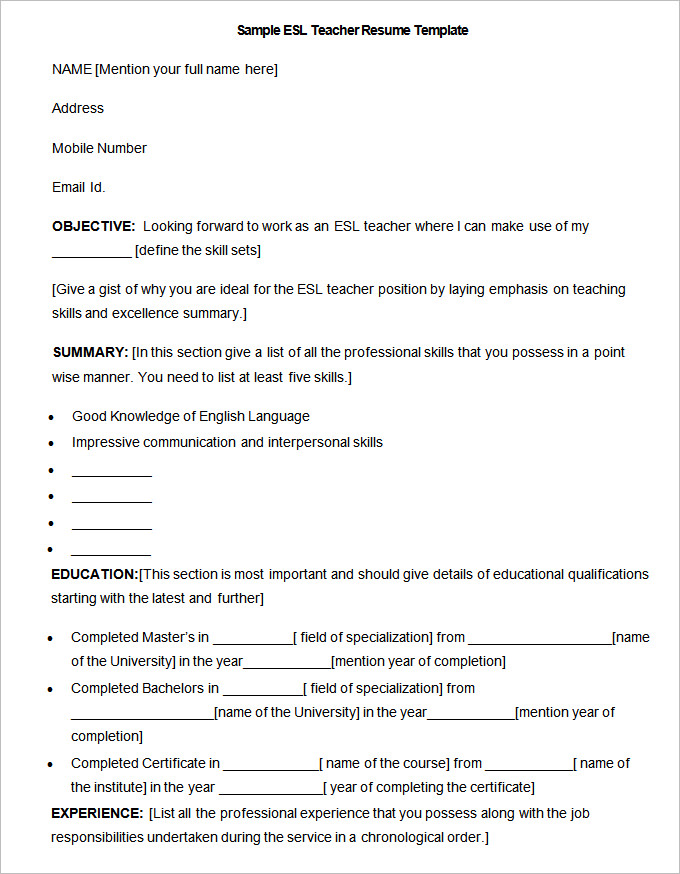 Sample ESL Teacher Resume Template