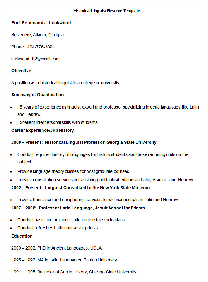 Sample Historical Linguist Resume Template