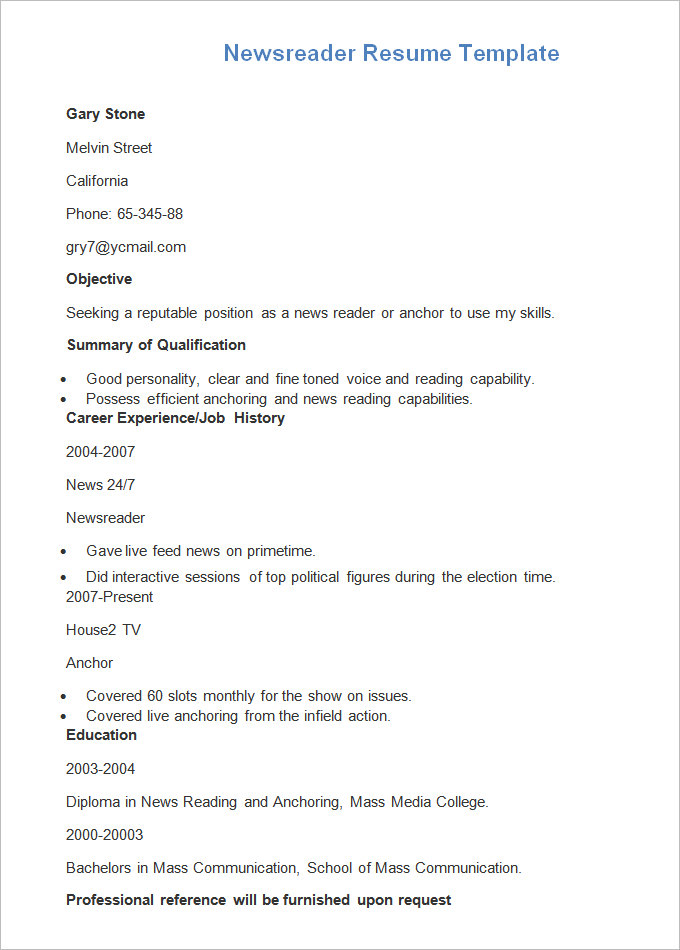 Sample Newsreader Resume CV Template