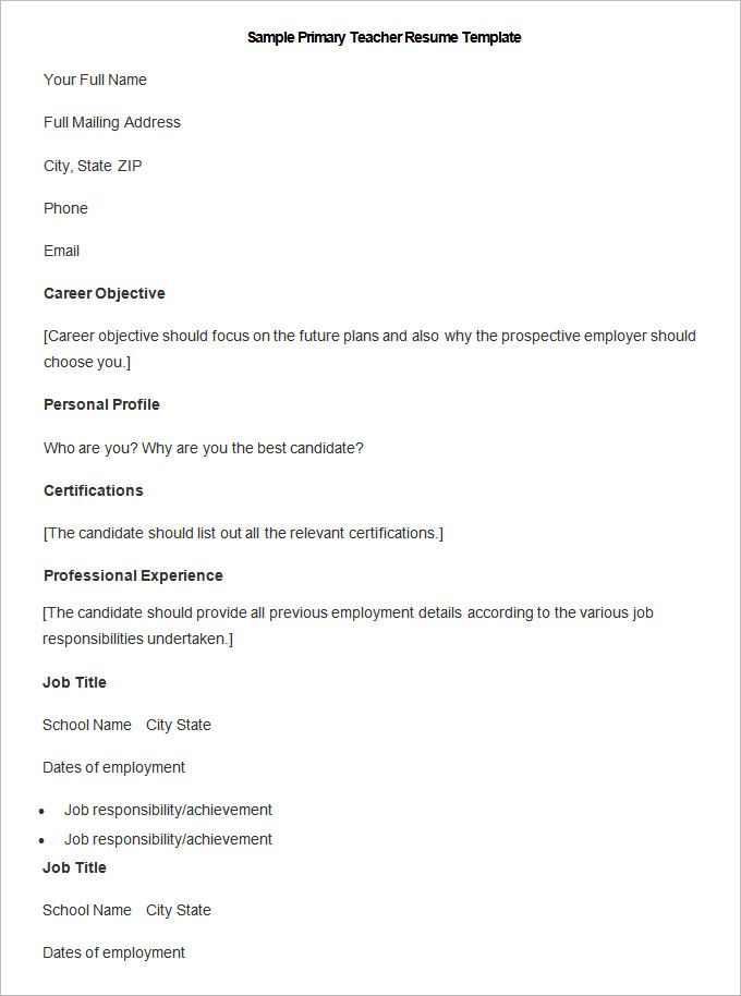 Sample Primary Teacher Resume Template