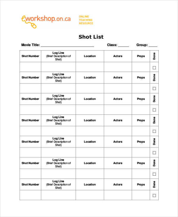 Simple Film Shot List Template