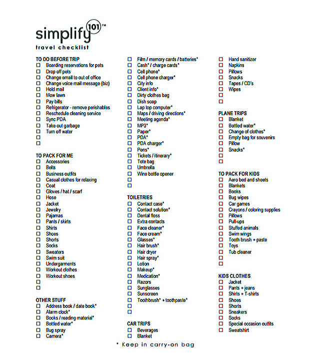 Simplify Travel Checklist Template Printable PDF Download