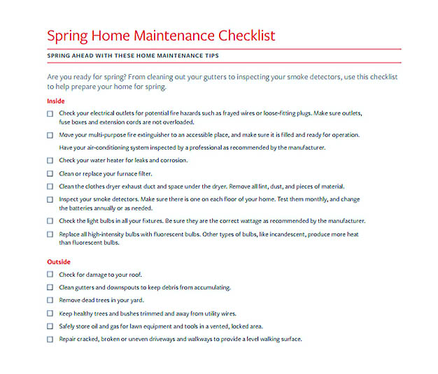 Spring Home Maintenance Checklist Template