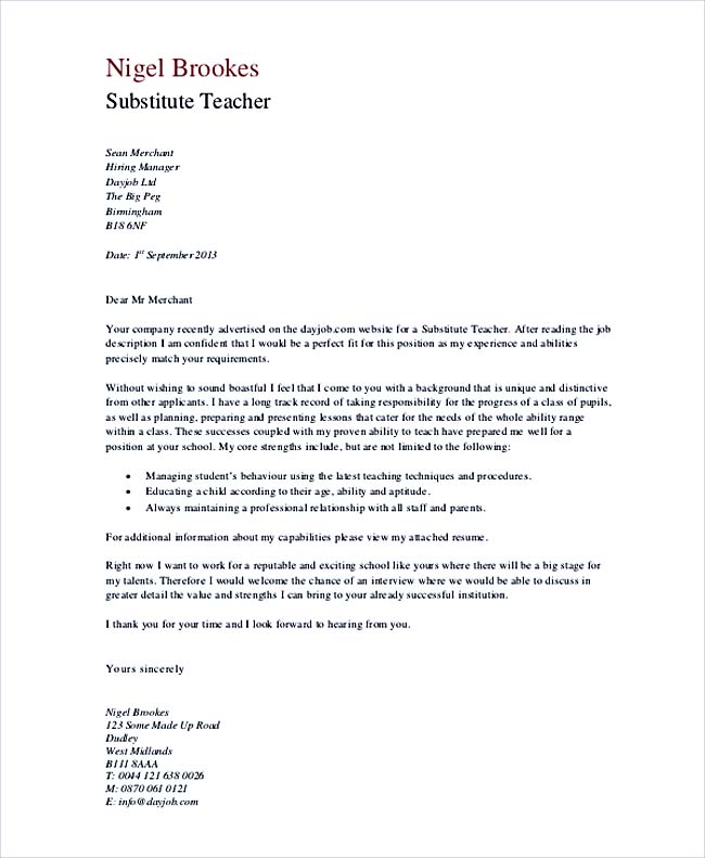 Substitute Teacher Cover Letter In PDF