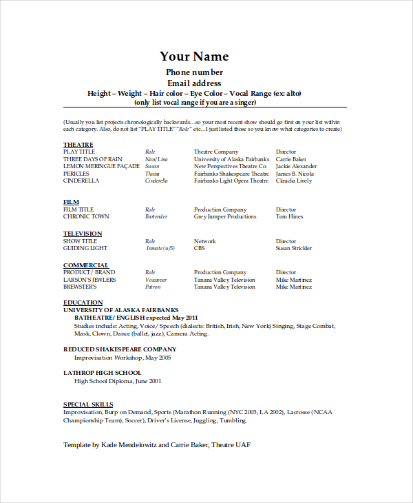 the general format and tips for the theatre resume template