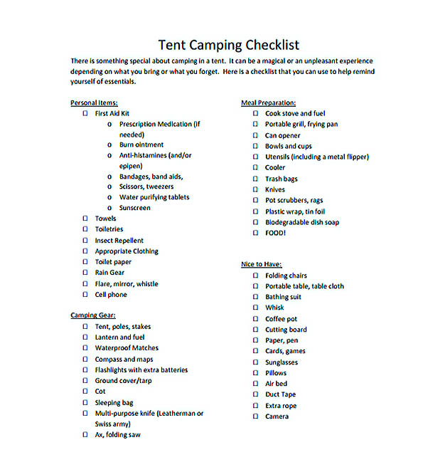 Tent Camping Checklist PDF Format Free Download