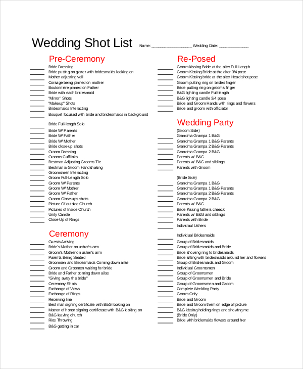 Wedding Shot List Template