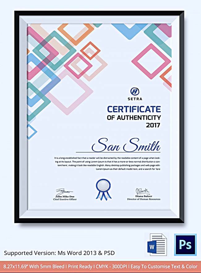 certificate of authentication template artwork