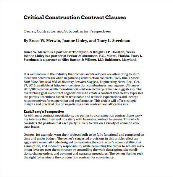 free construction contract form