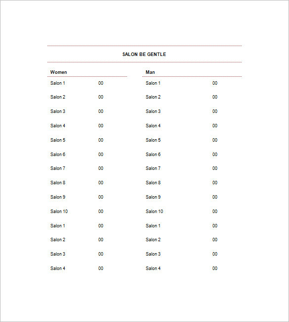 hairdressing price list template