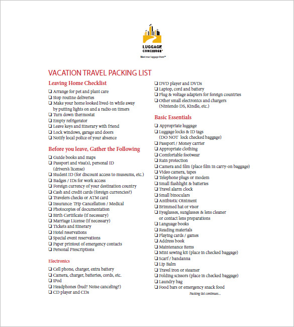 packing list for vacation