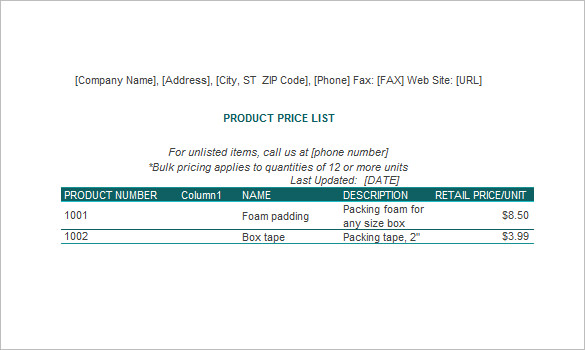 price list excel template