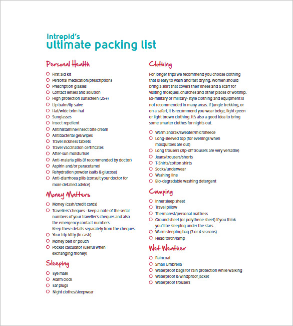 sample packing list template