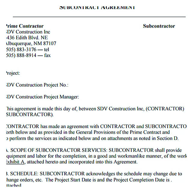 subcontractor agreement template construction
