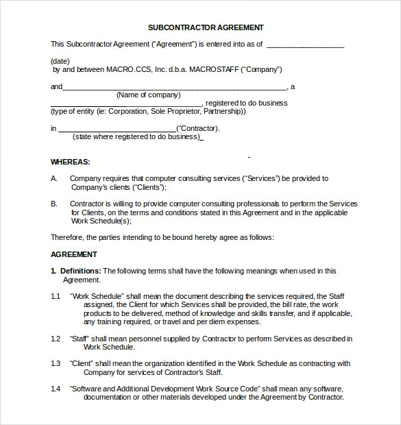 subcontractor non compete agreement sample Word Doc