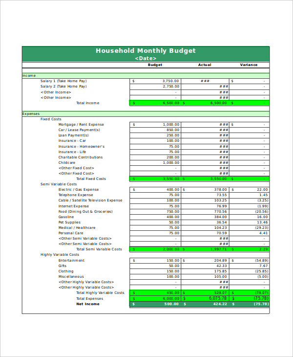 Basic House Hold Monthly Budget Template