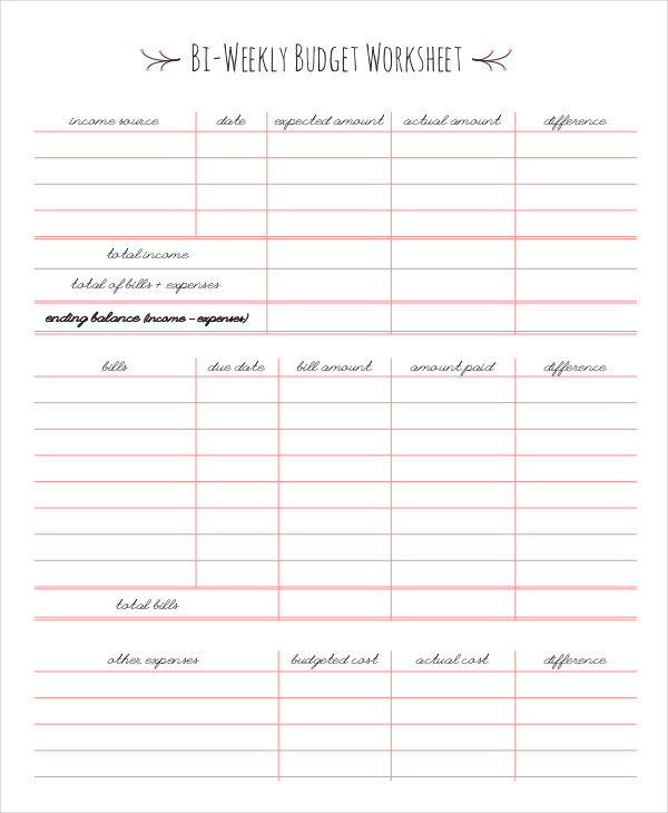 Bi Weekly Budget Worksheet